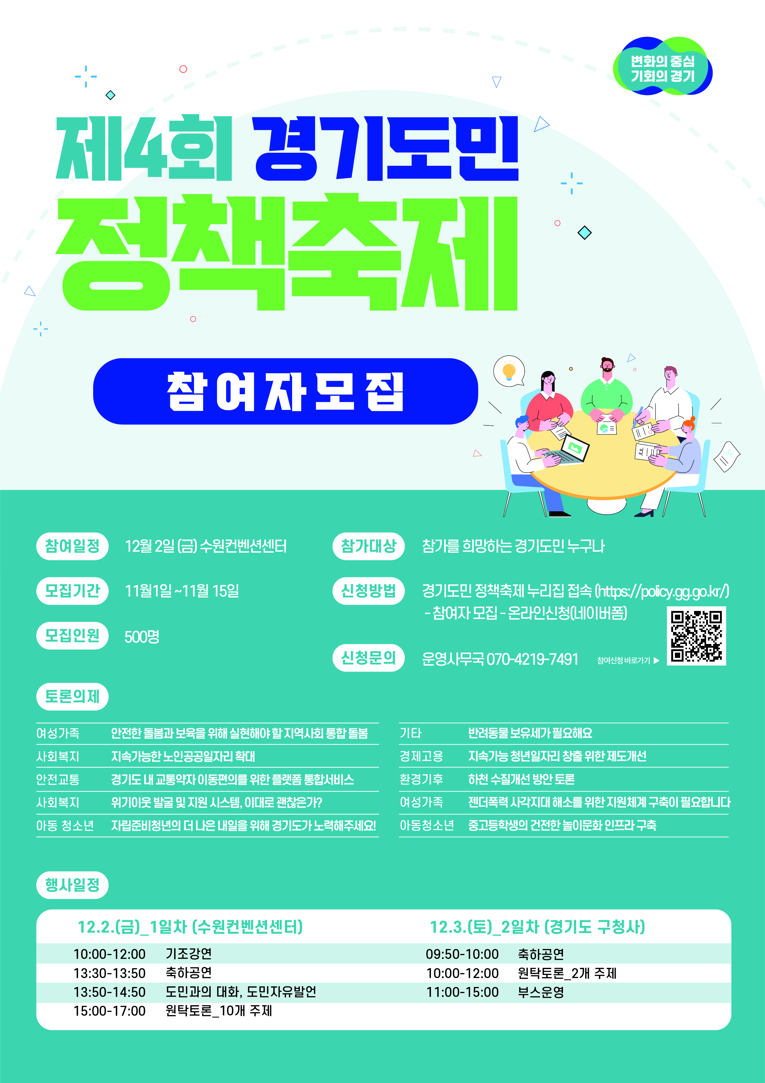 
    제4회 경기도민
    정책축제
    참여자모집
    변화의 중심 기회의 경기
    
    참여일정
    12월 2일 (금) 수원컨벤션센터
    참가대상
    참가를 희망하는 경기도민 누구나
    모집기간
    11월1일~11월 15일
    신청방법
    경기도민 정책축제 누리집 접속 (https://policy.gg.go.kr/) - 참여자 모집 - 온라인신청(네이버폼)
    모집인원
    500명
    신청문의
    운영사무국 070-4219-7491 참여신청 바로가기
    토론의제
    여성가족
    사회복지
    안전한돌봄과 보육을 위해 실현해야할지역사회 통합돌봄 지속가능한 노인공공일자리 확대
    기타
    반려동물 보유세가 필요해요
    경제고용
    지속가능 청년일자리 창출 위한 제도개선
    안전교통
    사회복지
    경기도내 교통약자이동편의를 위한 플랫폼 통합서비스 위기이웃 발굴 및 지원 시스템, 이대로 괜찮은가?
    환경기후
    하천수질개선 방안 토론
    여성가족
    젠더폭력 사각지대 해소를 위한 지원체계 구축이 필요합니다
    아동 청소년
    자립준비청년의 더 나은 내일을 위해 경기도가 노력해주세요!
    아동청소년
    중고등학생의 건전한 놀이문화 인프라 구축
    행사일정
    12.2.(금)_1일차 (수원컨벤션센터)
    10:00-12:00
    기조강연
    13:30-13:50 축하공연
    13:50-14:50 도민과의 대화, 도민자유발언
    15:00-17:00 원탁토론 10개 주제
    12.3.(토)_2일차 (경기도 구청사)
    09:50-10:00
    축하공연
    10:00-12:00 원탁토론_2개 주제
    11:00-15:00 부스운영
    