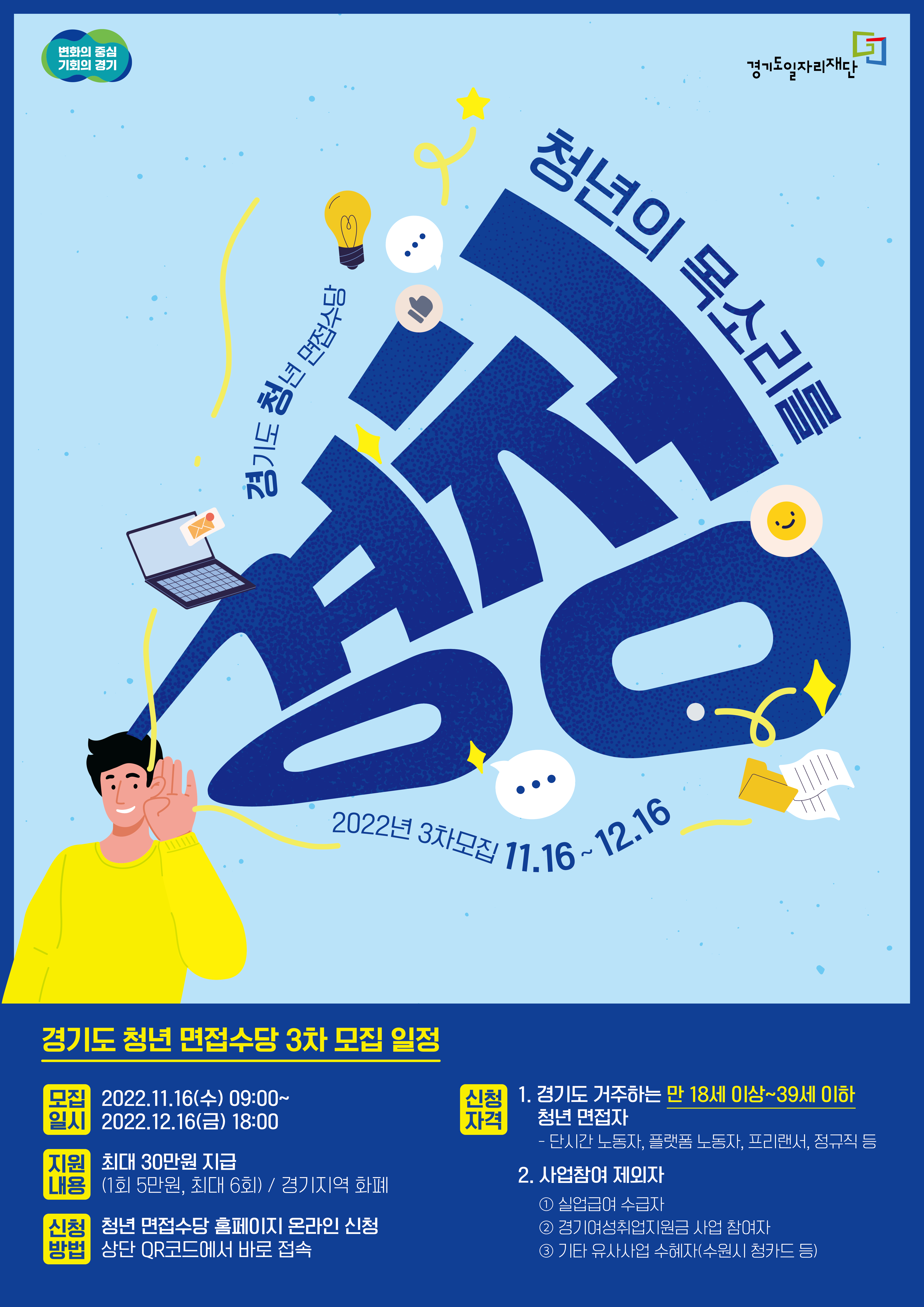 
    변화의 중심
    기회의 경기
    경기도 청년 면접수당
    경기도일자리재단
    청년의 목소리를
    2022년 3차모집 11.16~12.16
    경기도 청년 면접수당 3차 모집 일정
    모집일시 2022.11.16(수) 09:00~
     2022.12.16(금) 18:00
    지원내용 최대 30만원 지급
     (1회 5만원, 최대 6회) / 경기지역 화폐
    신청방법 청년 면접수당 홈페이지 온라인 신청
    상단 QR코드에서 바로 접속
    신청자격 1. 경기도 거주하는 만 18세 이상~39세 이하 자격 청년 면접자
    ᆞ단시간 노동자, 플랫폼 노동자, 프리랜서, 정규직 등
    2. 사업참여 제외자
    1 실업급여 수급자
    2 경기여성취업지원금 사업 참여자
    3 기타 유사사업 수혜자(수원시청카드 등)
    