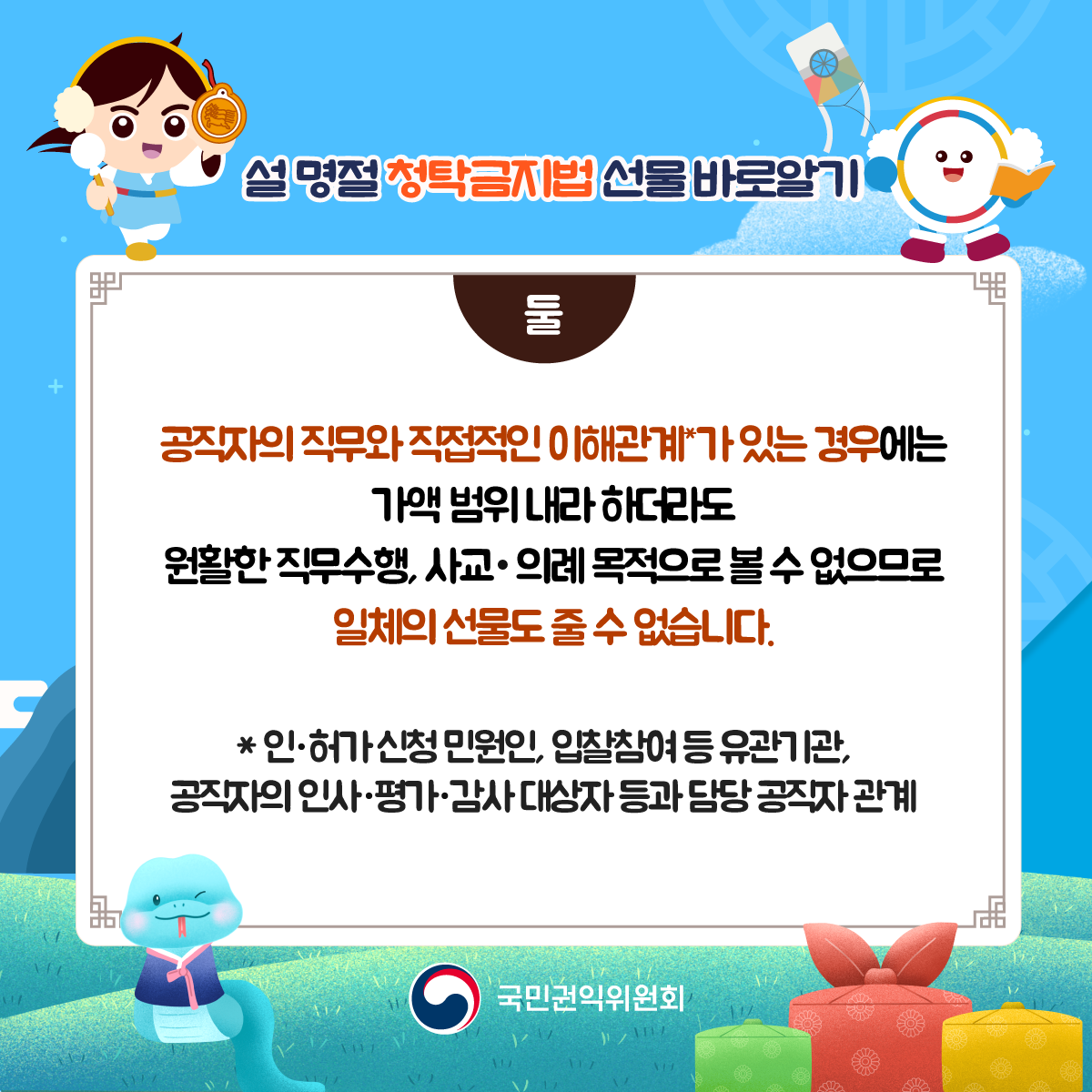 둘) 공직자의 직무와 직접적인 이해관계가 있는 경우에는 가액 범위 내라 하더라도 원활한 직무수행, 사교·의례 목적으로 볼 수 없으므로 일체의 선물도 줄 수 없습니다. *인·허가신청 민원인, 입찰참여 등 유관기관, 공직자의 인사·평가·감사 대상자 등과 담당 공직자 관계 