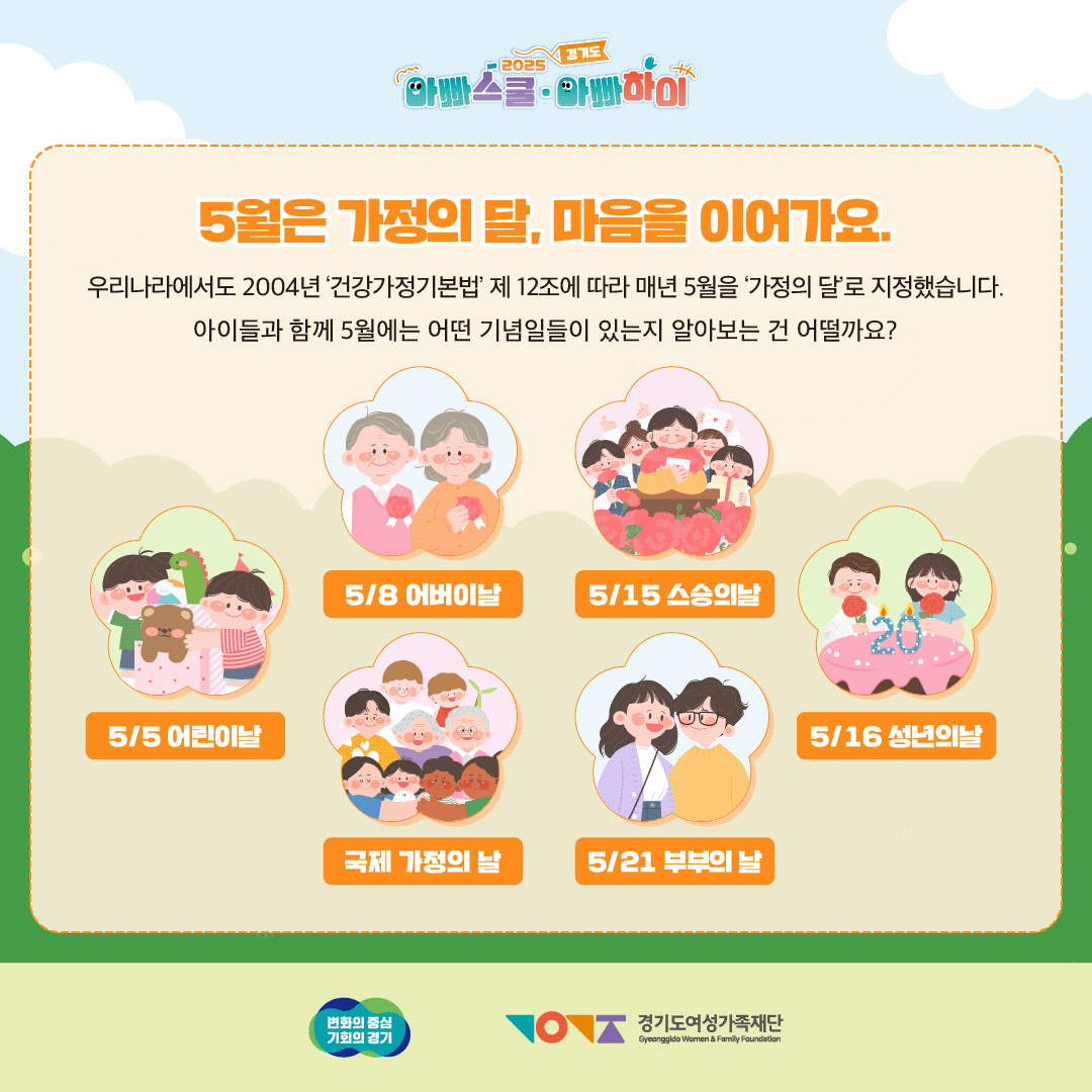 5월은 가정의 달, 마음을 이어가요.
우리나라에서도 2004년 '건강가정기본법' 제 12조에 따라 매년 5월을 '가정의 달'로 지정했습니다.
아이들과 함께 5월에는 어떤 기념일들이 있는지 알아보는 건 어떨까요?
국제 가정의 날, 5/5 어린이날, 5/8 어버이날, 5/15 스승의날, 5/21 부부의 날, 5/16 성년의날