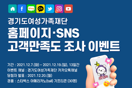 경기도여성가족재단 홈페이지 SNS 고객만족도 조사 이벤트 기간:2021.12.7(화)~2021.12.19(일) 13일간 이벤트 채널 : 경기도 여성가족재단 카카오톡 채널 당첨자 발표 : 2021.12.20(월) 경품:스타벅스 아메리카노(tall) 기프티콘(30명)
