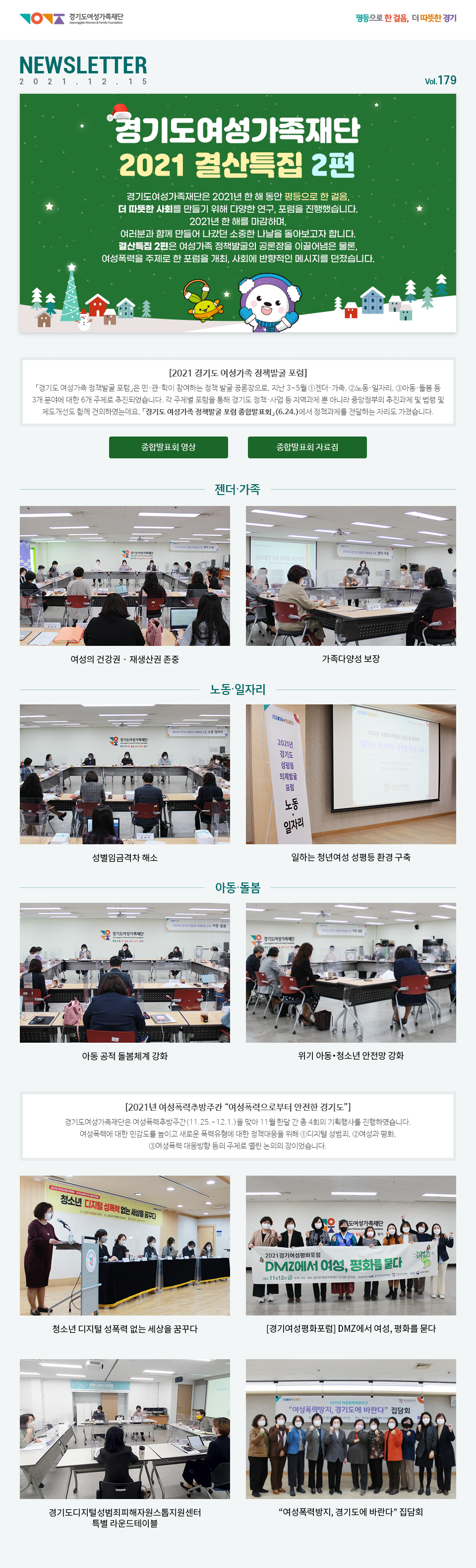 경기도여성가족재단 평등으로 한 걸음, 더 따듯한 경기 NEWSLETTER 2021.12.15 vol.179 경기도여성가족재단 2021 결산특집 2편 경기도여성가족재단은 2021년 한 해 동안 평등으로 한 걸음, 더 따뜻한 사회를 만들기 위해 다양한 연구, 포럼을 진행했습니다. 2021년 한 해를 마감하며, 여러분과 함께 만들어 나갔던 소중한 나날을 돌아보고자 합니다. 결산특집 2편은 성평등 의제발굴의 공론장을 이끌어냄은 물론, 여성폭력을 주제로 한 포럼을 개최, 사회에 반향적인 메시지를 던졌습니다. [경기도 성평등 의제발굴 포럼] 경기도 성평등 의제발굴 포럼」은 민〮관〮학이 참여하는 의제 발굴 공론장으로, 지난 3~5월 ①젠더ㆍ가족, ②노동ㆍ일자리, ③아동ㆍ돌봄 등 3개 분야에 대한 6개 주제로 추진되었습니다. 각 주제별 포럼을 통해 경기도 정책ㆍ사업 등 지역과제 뿐 아니라 중앙정부의 추진과제 및 법령 및 제도개선도 함께 건의하였는데요, 「경기도 여성가족 정책발굴 포럼 종합발표회」(6.24.)에서 정책과제를 전달하는 자리도 가졌습니다.  젠더가족 여성의 건강권‧재생산권 존중, 가족다양성 보장. 노동일자리 성별임금격차 해소, 일하는 청년여성 성평등 환경 구축. 아동 돌봄 아동 공적 돌봄체계 강화, 위기 아동・청소년 안전망 강화. [2021년 여성폭력추방주간 “여성폭력으로부터 안전한 경기도”] 경기도여성가족재단은 여성폭력추방주간(11.25.~12.1.)을 맞아 11월 한달 간 총 4회의 기획행사를 진행하였습니다. 여성폭력에 대한 민감도를 높이고 새로운 폭력유형에 대한 정책대응을 위해 ①디지털 성범죄, ②여성과 평화, ③여성폭력 대응방향 등의 주제로 열린 논의의 장이었습니다. 청소년 디지털 성폭력 없는세상을 꿈꾸다 DMZ에서 여성, 평화를 묻다, 경기도디지털성범죄피해자원스톱지원센터. 여성폭력방지, 경기도에 바란다 집담회 